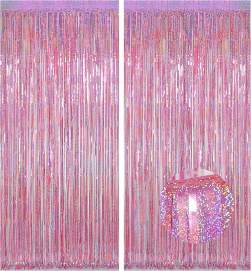 Melsan Pink Tinsel Curtains - 3.2 ft x 8.2 ft Sparkling Metallic Backdrop for Princess Birthday Party | 2 Pack