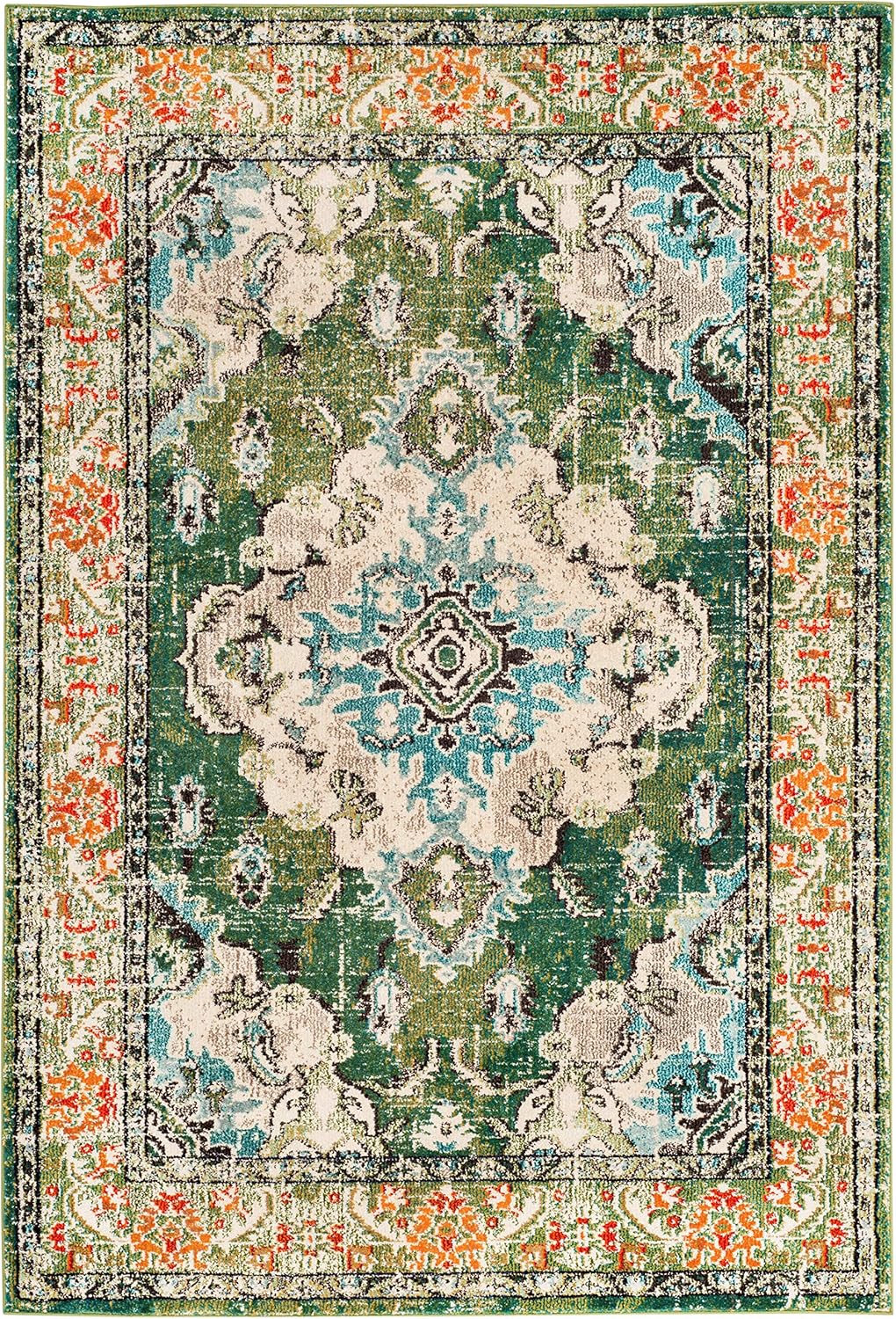 SAFAVIEH Monaco Collection Area Rug - 8' x 10', Forest Green & Light Blue, Non-Shedding & Easy to Clean | Distressed Medallion Design for Living Room, Bedroom, Dining Space