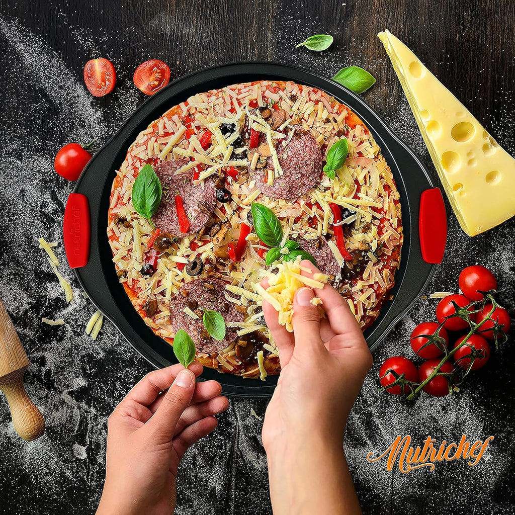 NutriChef 13-Inch Nonstick Pizza Tray - Round Carbon Steel Pan with Perforated Holes & Silicone Grip Handles