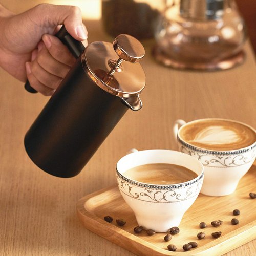 Meelio Small French Press 350ml Coffee Maker, Black Double-Wall Insulated French Press Coffee Press Stainless Steel, Included 2 Extra Fliters and 1 Coffee Spoon (1 cup, 12 OZ)