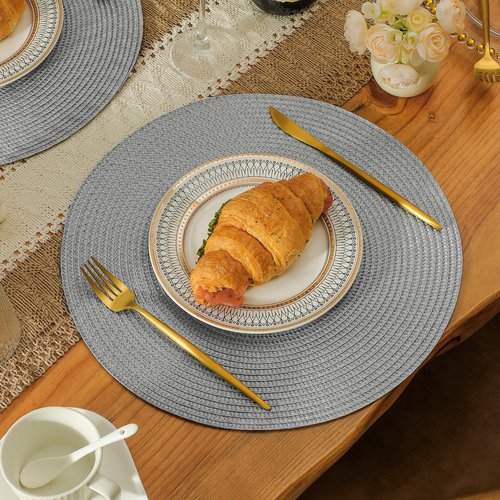 Leetaltree Round Placemats Set of 8 - Washable Woven Non-Slip Round Table Mats,15-Inch Heat Resistant Table Placemats,Light Grey