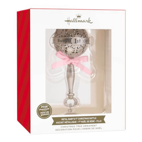 Hallmark Baby's First Christmas Ornament 2026 Pink Rattle - Silver Decor