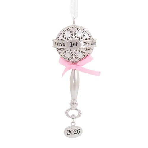 Hallmark Baby's First Christmas Ornament 2026 Pink Rattle - Silver Decor