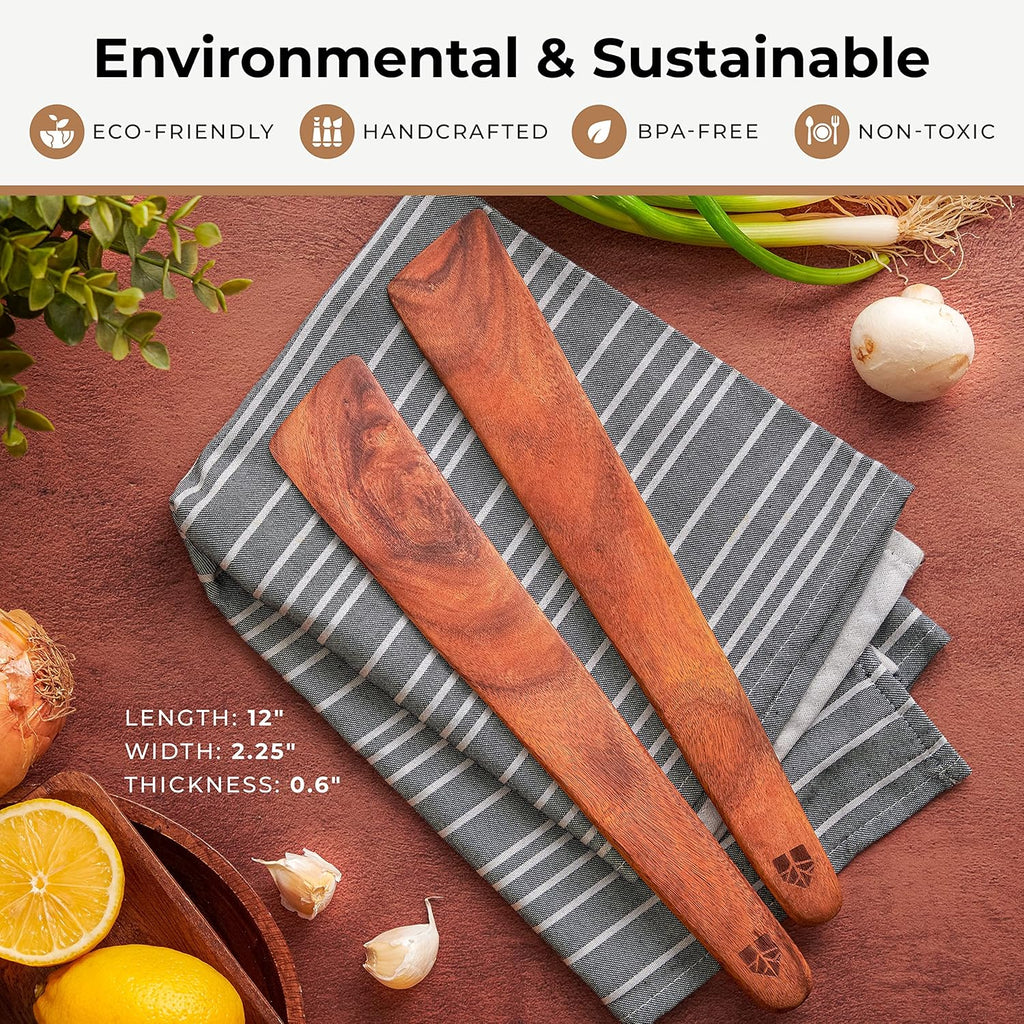 Skiennix Wooden Spatula Set | 12-Inch Teak Turner & Flipper for Non-Stick Frying Pans - BPA Free & Heat Resistant