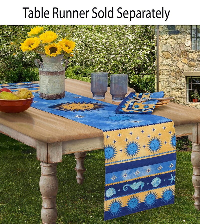 Home Bargains Plus 60 x 84 Inch Oval Blue Sun Mediterranean Fabric Tablecloth, Coastal Medallion Border Design, Wrinkle Water and Stain Resistant Indoor Outdoor Table Cover