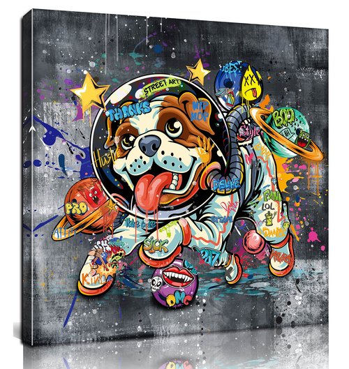 Kepgonegu Canvas Wall Art Funny Dog in Spacesuit Picture Banksy Graffiti Wall Art Ready to Hang Size 20”W x 20”H