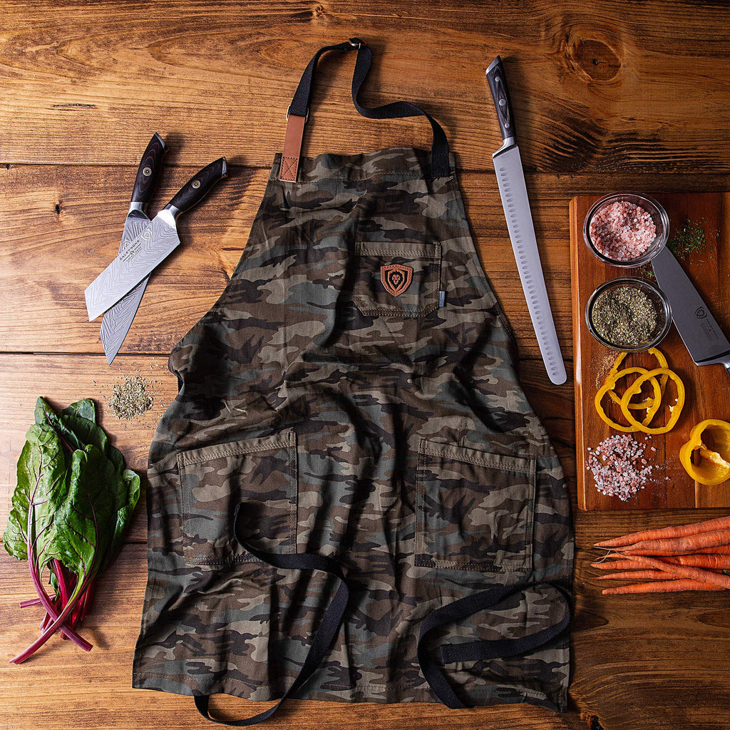Dalstrong Professional Chef's Kitchen Apron - 4 Storage Pockets - 100% Poly-Cotton Camouflage - The Kitchen Rambo - Liquid Repellent Coating - Genuine Leather Accents - Adjustable Straps