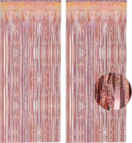 GREATRIL Rose Gold Tinsel Curtain Backdrop - Foil Fringe Streamers for Bachelorette Party | 2 Packs
