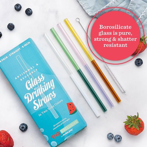 Glass Straws - Two Toned Colors - 5 Pack Set for Drinking Juices, Smoothies, Waters, Shatter Resistant, Reusable, Stylish