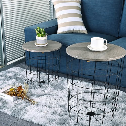 Elevon Nesting Table End Table Wire Basket Base with Wood Tops Side Table Set of 2, Gray