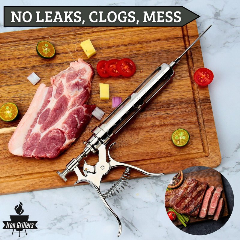 Professional Meat Injector Marinade Gun Kit for Smoking & Grilling Tender Brisket, Turkey, BBQ - Large 2 Oz Capacity with Metal Protective Case - No Leaks, Clogs or Mess + Meat Shredding Claws