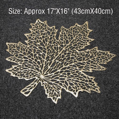 Snowkingdom 6 Pcs Fall Thanksgiving Maple Leaf Placemats, 17"X16" Gold Round Vinyl Table Mats Pressed Metallic Hollow Out Place mats for Autumn Harvest Holiday Party Centerpiece Dining Table