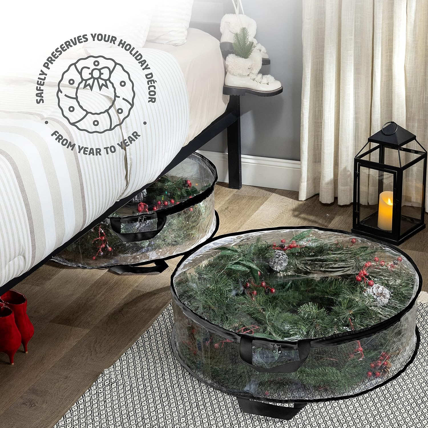 ZOBER Christmas Wreath Storage Container - 24 Inch Dual Zippered Bag with Durable Handles - Black | 2 Pack