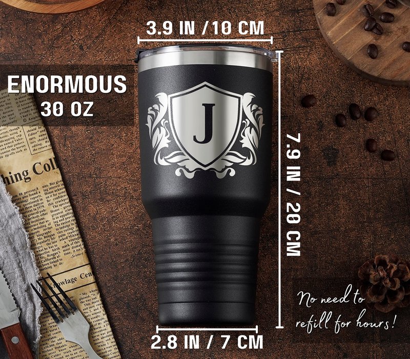 Onebttl Personalized Gifts for Men with Initials, Monogrammed Travel Tumbler for Him, Custom Coffee Cups, Unique Birthday Christmas Gifts for Men who Have Everything, Black, 30oz, E