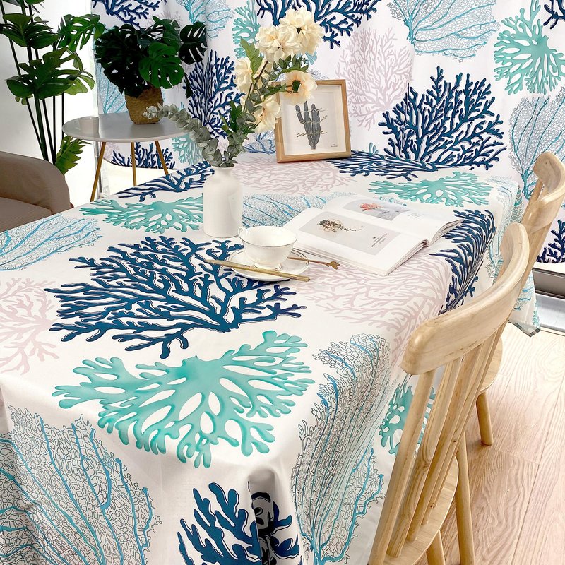 Ocean Tablecloth Coastal Nautical Rectangle Tablecloth Coral Print Ocean Themed Beach Decorative Waterproof Table Covers for Outdoor Dining Room Kitchen Living Room, 60x102 Inches, Navy/Blue/Teal/