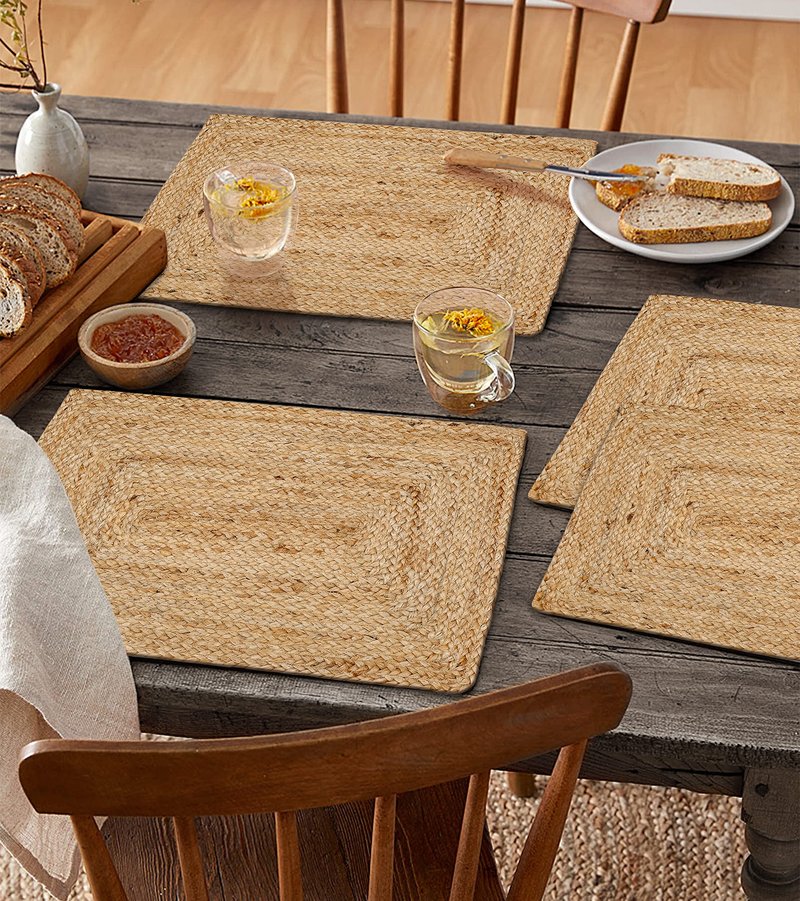 Ramanta Home Jute Braided Placemats Set of 4 13x19 Inches - Natural, Reversible Easter BasketDecor Dinning Table Placemat for Spring, Birthday, Wedding, Dinner Party | Boho Rattan Mats for Picnic
