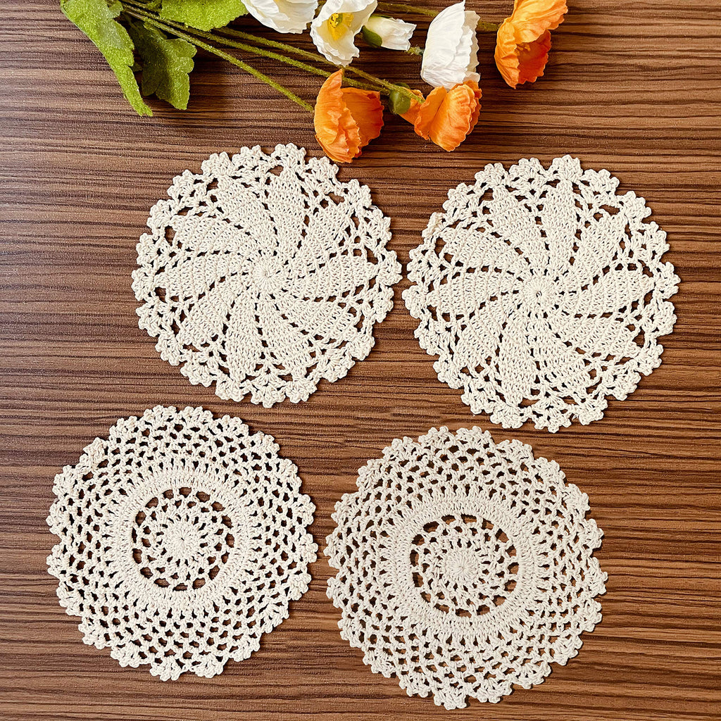 COOKY Handmade Crochet Doilies 7 Inch, 4 Pcs Rustic Cloth Lace Round Table Doilies Placemats, MIX Beige