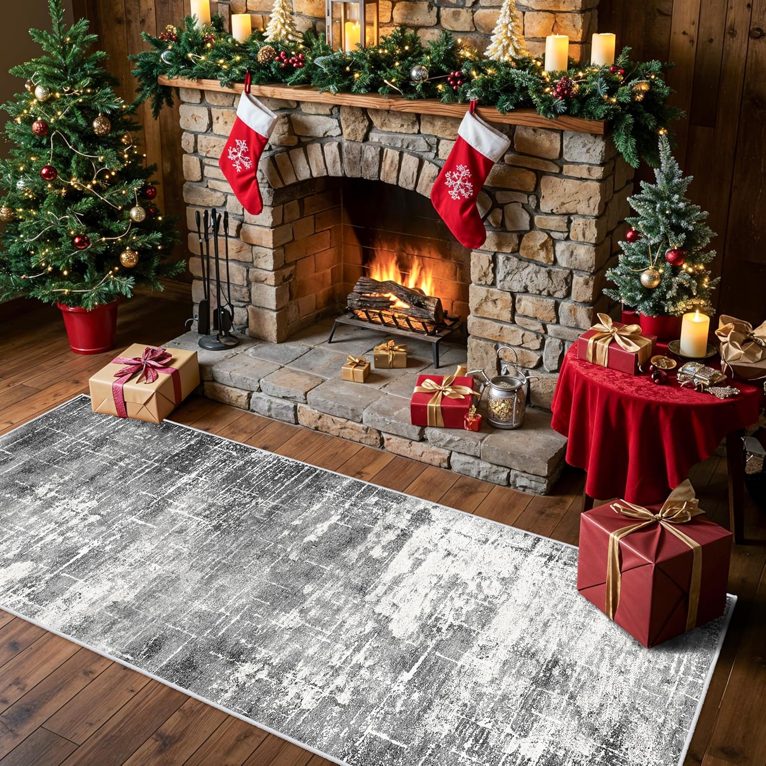 Skiennix Abstract Kitchen Runner Rug - Washable Non-Slip Design | 2x6 Black/Grey Low Pile Carpet for Modern Home Decor