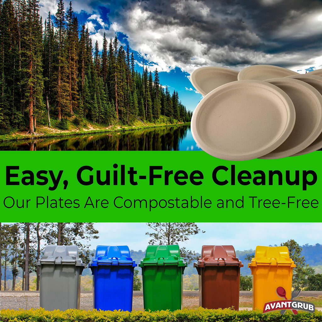 Avant Grub Pro-Grade Biodegradable 10 Inch Plates. Bulk 200 Pk Great for Lunch, Dinner Parties and Potlucks. Disposable Compostable Wheatstraw Paper Alternative. Sturdy, Soakproof and Microwave Safe.
