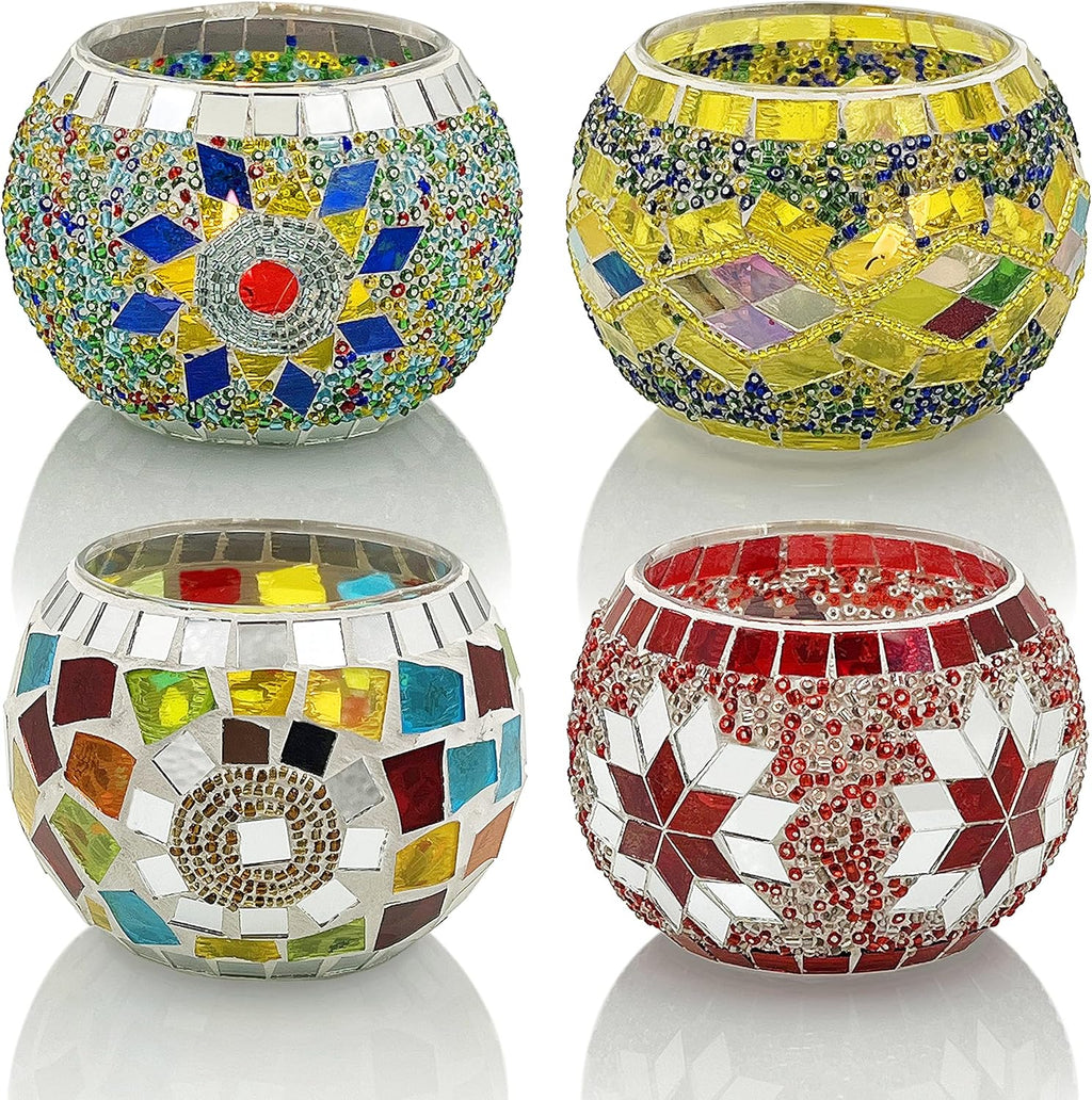 SHMILMH Glass Candle Holders - Handmade Mosaic Votive Set of 4 | Perfect for Diwali & Christmas Table Decor