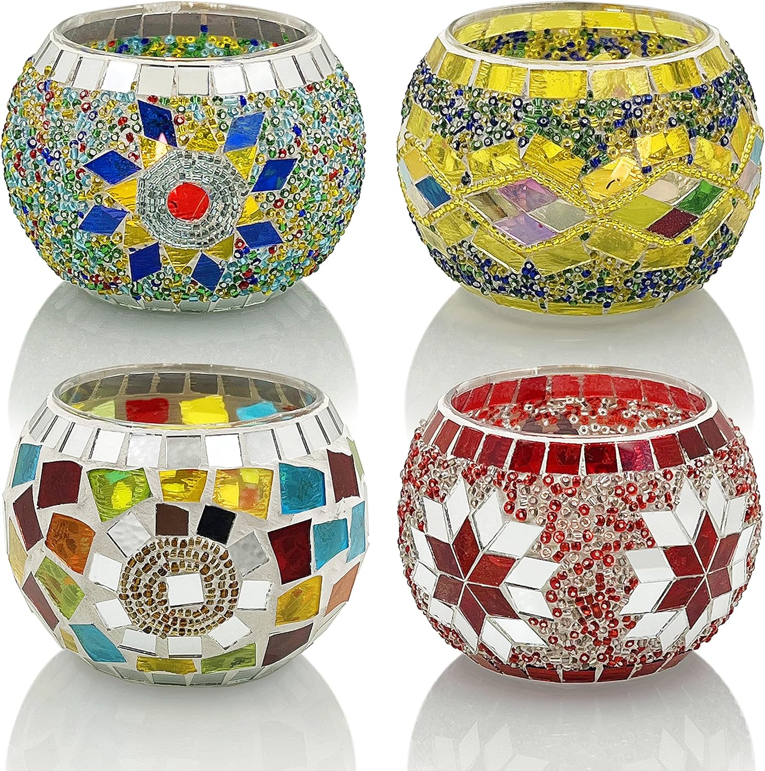 SHMILMH Glass Candle Holders - Handmade Mosaic Votive Set of 4 | Perfect for Diwali & Christmas Table Decor
