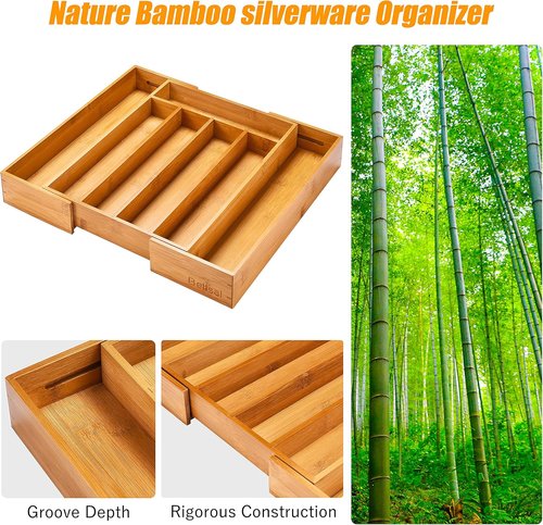 Bellsal Bamboo Utensil Holder - Expandable Silverware Organizer for Kitchen Drawers | Cutlery Tray