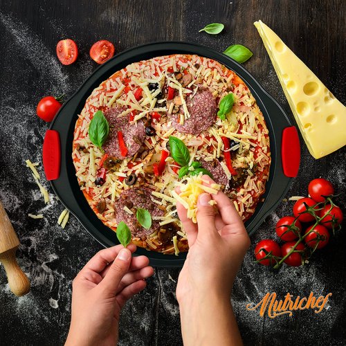 Nutrichef Non-Stick Pizza Tray with Silicone Handles, 6-Pack Round Steel Non-Stick Pans with Perforated Holes, Premium Bakeware, Pizza Trays with Silicone and Oversized Handles, Dishwasher Safe