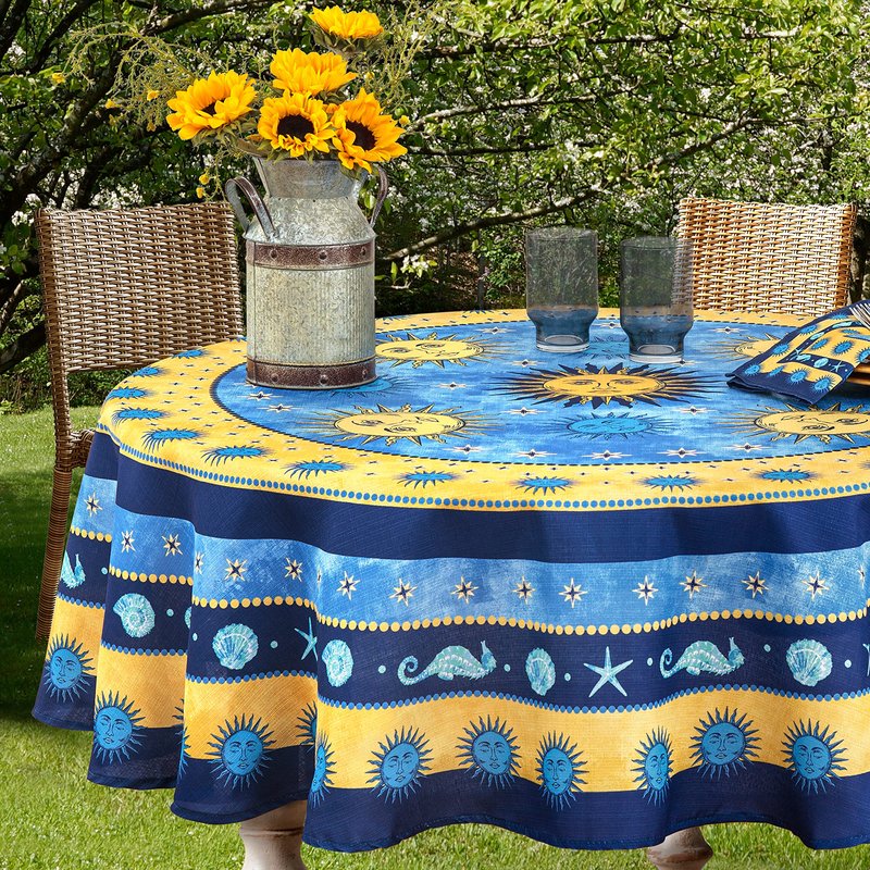 Home Bargains Plus 60 x 84 Inch Oval Blue Sun Mediterranean Fabric Tablecloth, Coastal Medallion Border Design, Wrinkle Water and Stain Resistant Indoor Outdoor Table Cover