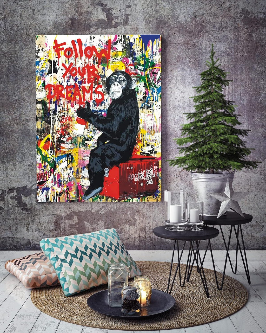 AKOTAC Monkey Street Graffiti Canvas Print - Follow Your Dreams Animal Art for Living Room & Office Decor | Framed & Ready to Hang