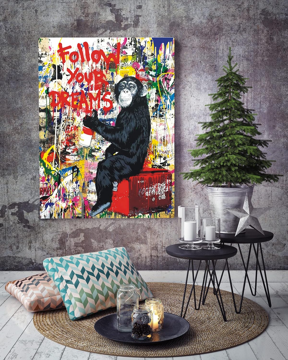AKOTAC Monkey Street Graffiti Canvas Print - Follow Your Dreams Animal Art for Living Room & Office Decor | Framed & Ready to Hang