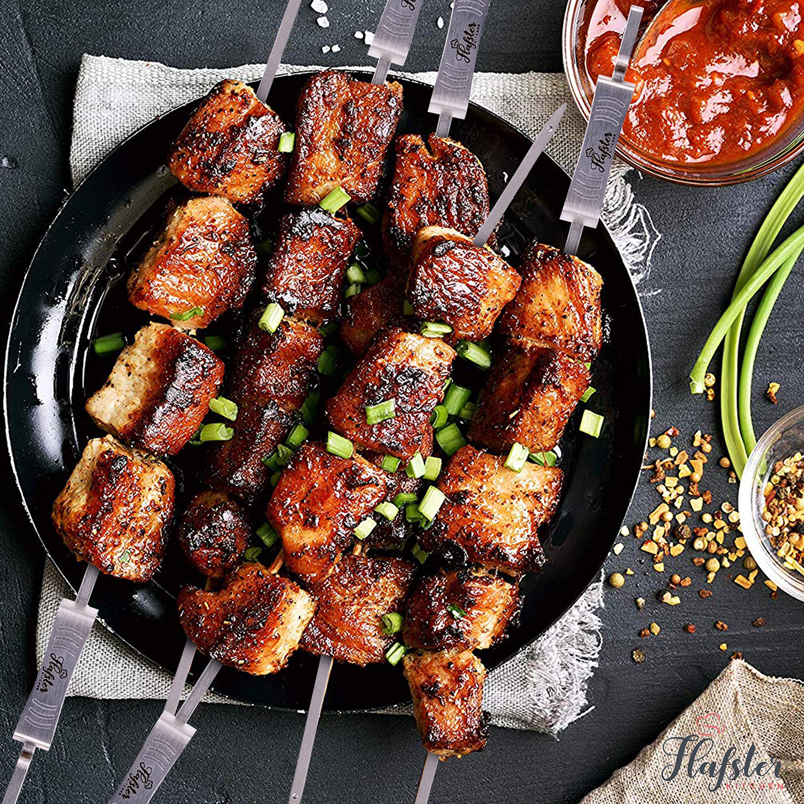 "FLAFSTER KITCHEN BBQ Skewers for Grilling - 16" Stainless Steel Flat Kebab Sticks with Push Bar, Reusable Metal Shish Kabob Skewers, Set of 6"