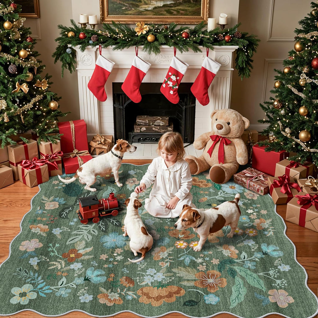 Regine Switzerland Floral Square Area Rug - Washable 5x5 Soft Water-Resistant Carpet | Non-Slip Backing for Living Room & Bedroom Decor
