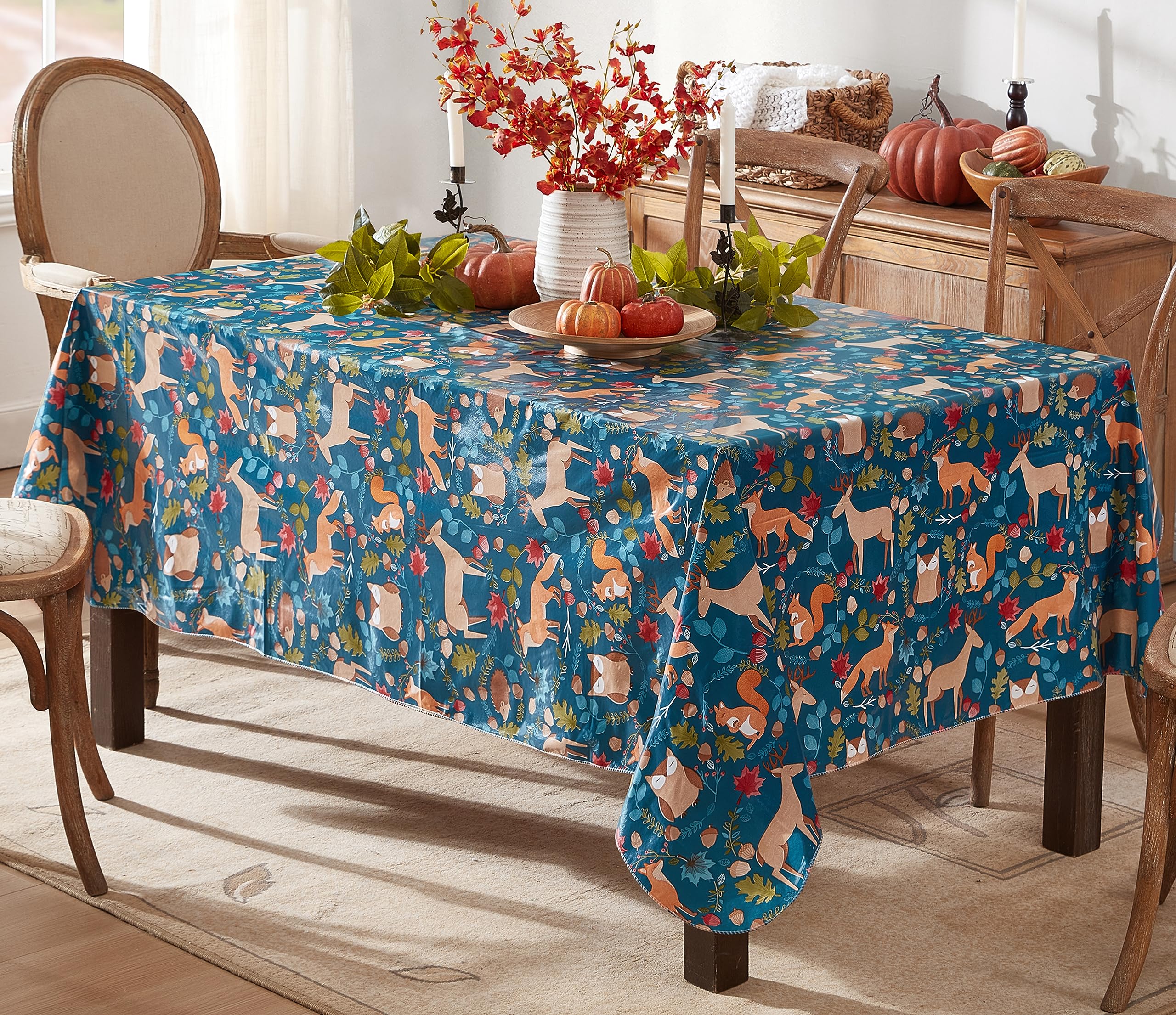 Newbridge Christmas Woodland Critters 60 x 102 Inch Rectangle Vinyl Tablecloth with Flannel Backing, Squirrels Deer and Owl Winter Wreath Easy Care Holiday Table Cover for Christmas Parties