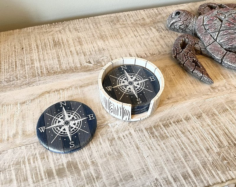 Compass Rose Coaster Set - Nautical Ocean Beach Boat Coastal Decor - Rustic Weathered Blue/White Finish