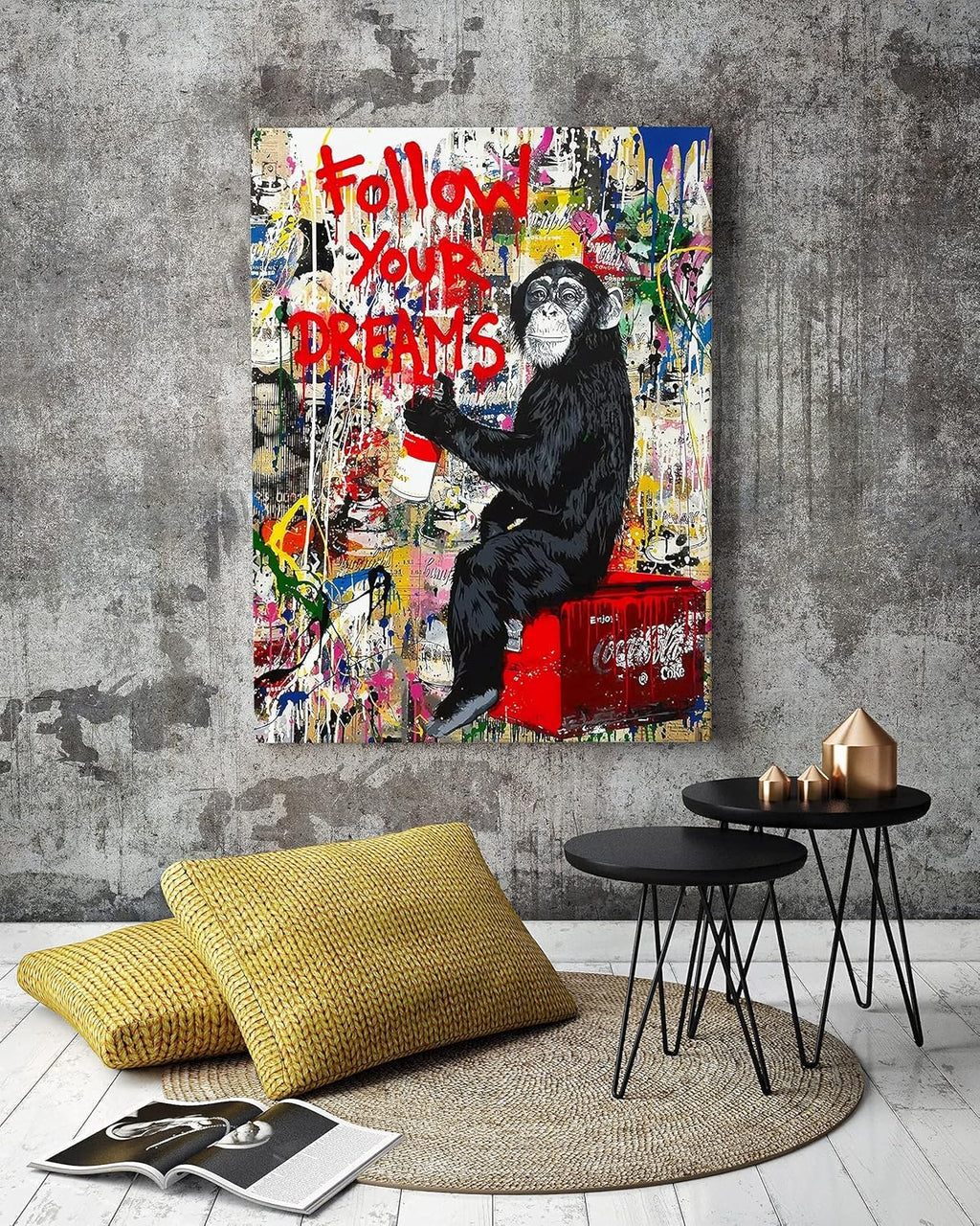 AKOTAC Monkey Street Graffiti Canvas Print - Follow Your Dreams Animal Art for Living Room & Office Decor | Framed & Ready to Hang