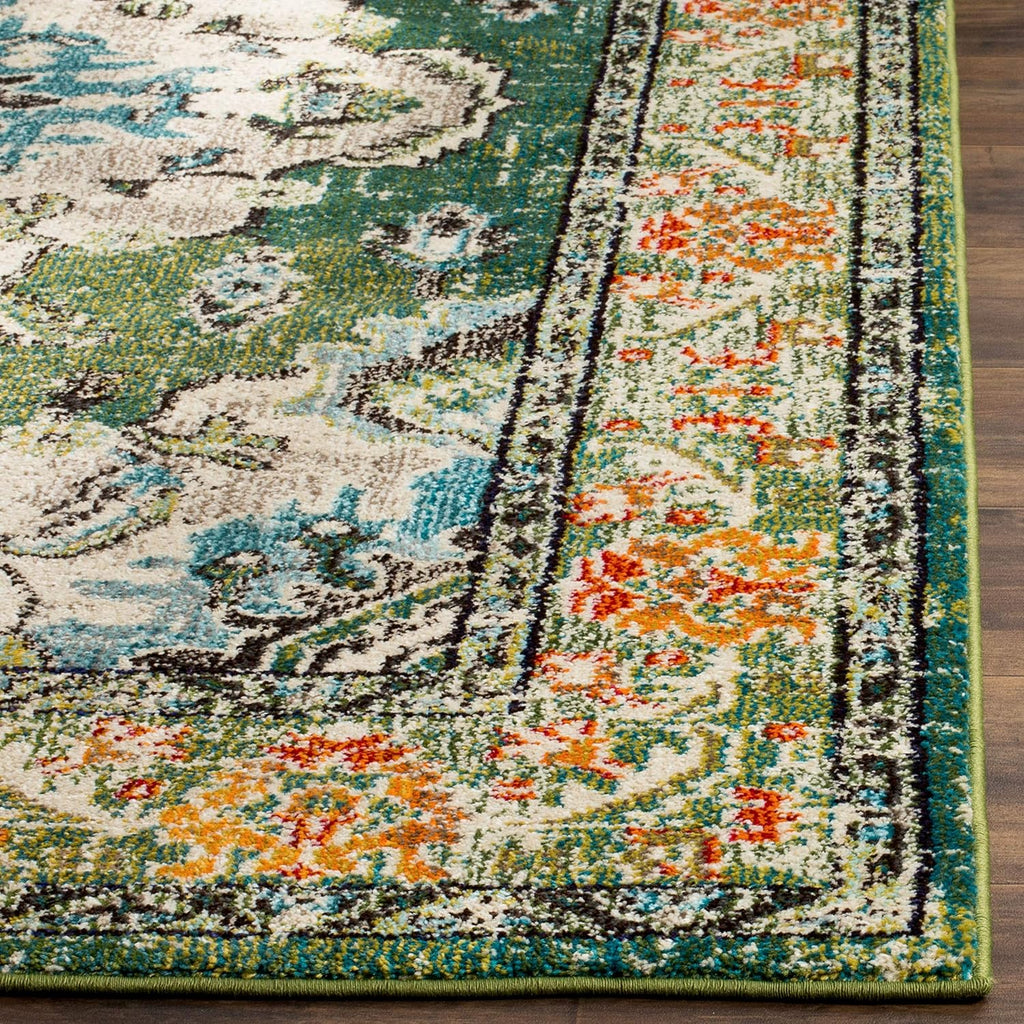 SAFAVIEH Monaco Collection Area Rug - 8' x 10', Forest Green & Light Blue, Non-Shedding & Easy to Clean | Distressed Medallion Design for Living Room, Bedroom, Dining Space