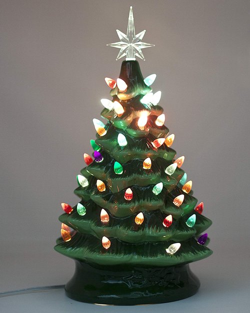 Christmas is Forever Lighted Tabletop Ceramic Tree, 16 Inch Green Tree with Multicolored Lights