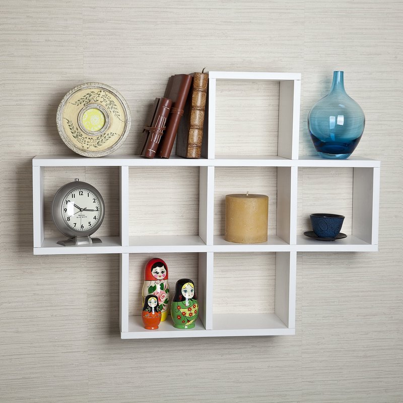 Danya B. XF11056WH Decorative Shelf – Wall Mount or Free Standing - Square Cubbies Shelving Unit – White Laminate