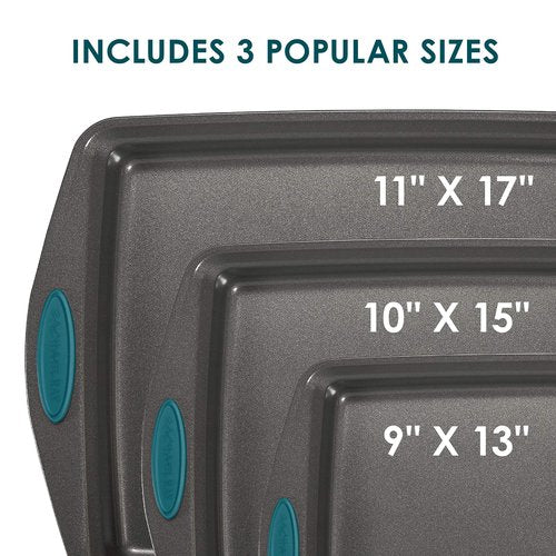 Rachael Ray Bakeware Nonstick Cookie Pan Set, 3-Piece, Gray with Marine Blue Grips & Yum-o! Bakeware Oven Lovin' Nonstick Loaf Pan, 9-Inch by 5-Inch Steel Pan, Gray with Marine Blue Handles