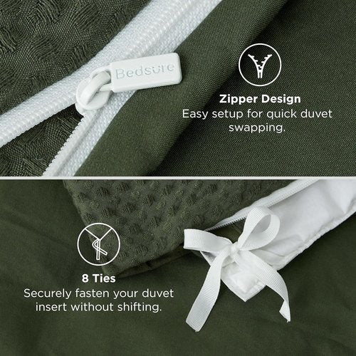 Bedsure Luxury Waffle Duvet Cover - Soft Olive Green Queen Size Bedding Set with 2 Pillow Shams (90"x90")