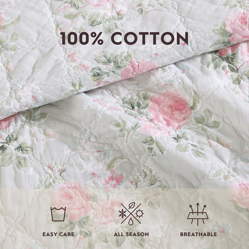 Laura Ashley- Queen Quilt Set, Reversible Cotton Bedding with Matching Sham(s), Lightweight Home Decor for All Seasons, Coquette Room Decor (Melany Pink, Queen)