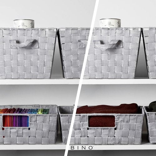 BINO Woven Strap Storage Basket - Stylish Organizer With Carry Handles | Large Light Grey, 2-Pack