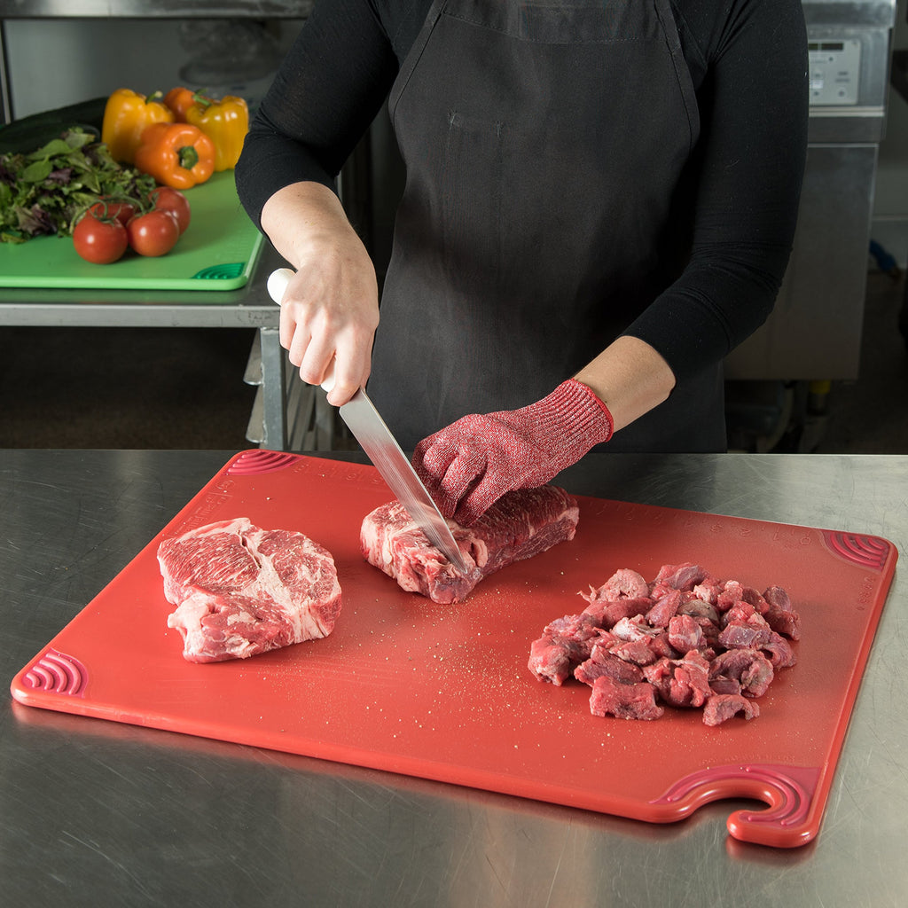 San Jamar Saf-T-Grip Plastic Cutting Board with Safety Hook, 18" x 24" x 0.5", Red