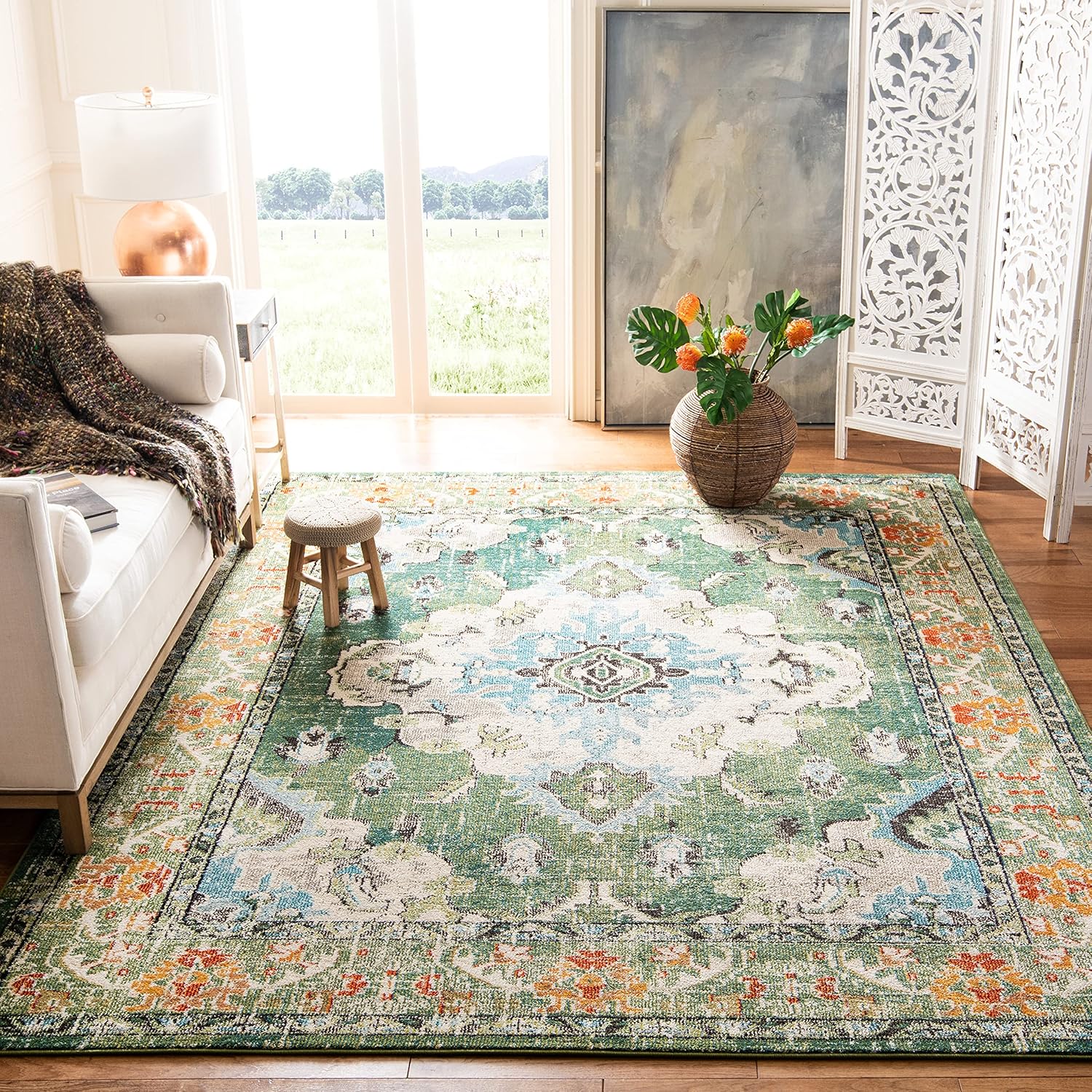 SAFAVIEH Monaco Collection Area Rug - 8' x 10', Forest Green & Light Blue, Non-Shedding & Easy to Clean | Distressed Medallion Design for Living Room, Bedroom, Dining Space
