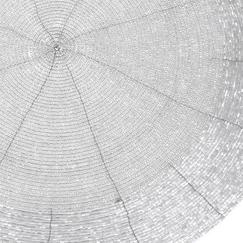 Lightnpro Beaded Placemats Set of 4-13 Inch Round Handmade Table Chargers - Rustic Farmhouse Glitz Table Décor for Dining Room, Christmas, Thanksgiving, Easter & Special Events- Whitish Silver