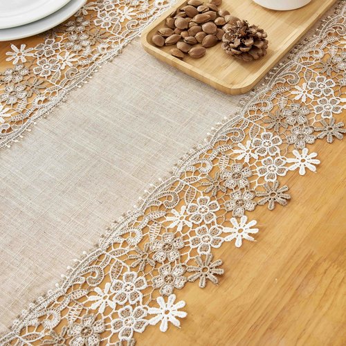 Winotic Natural Neutral Earth Tones Beige Floral Lace Table Runner Dresser Scarf 36 inches Long for Home Decor (16” x36”, Natural)