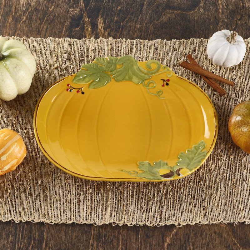 Pfaltzgraff Plymouth Autumn Harvest Thanksgiving Small Pumpkin Platter, 12 Inch, Orange