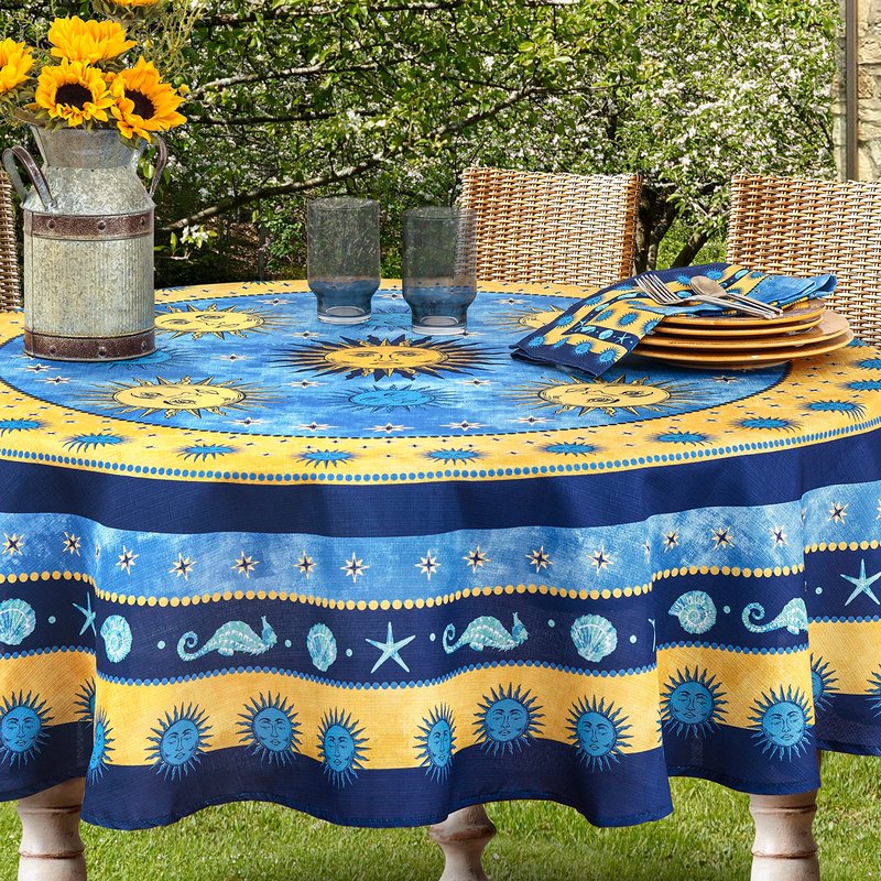 Home Bargains Plus 60 x 84 Inch Oval Blue Sun Mediterranean Fabric Tablecloth, Coastal Medallion Border Design, Wrinkle Water and Stain Resistant Indoor Outdoor Table Cover