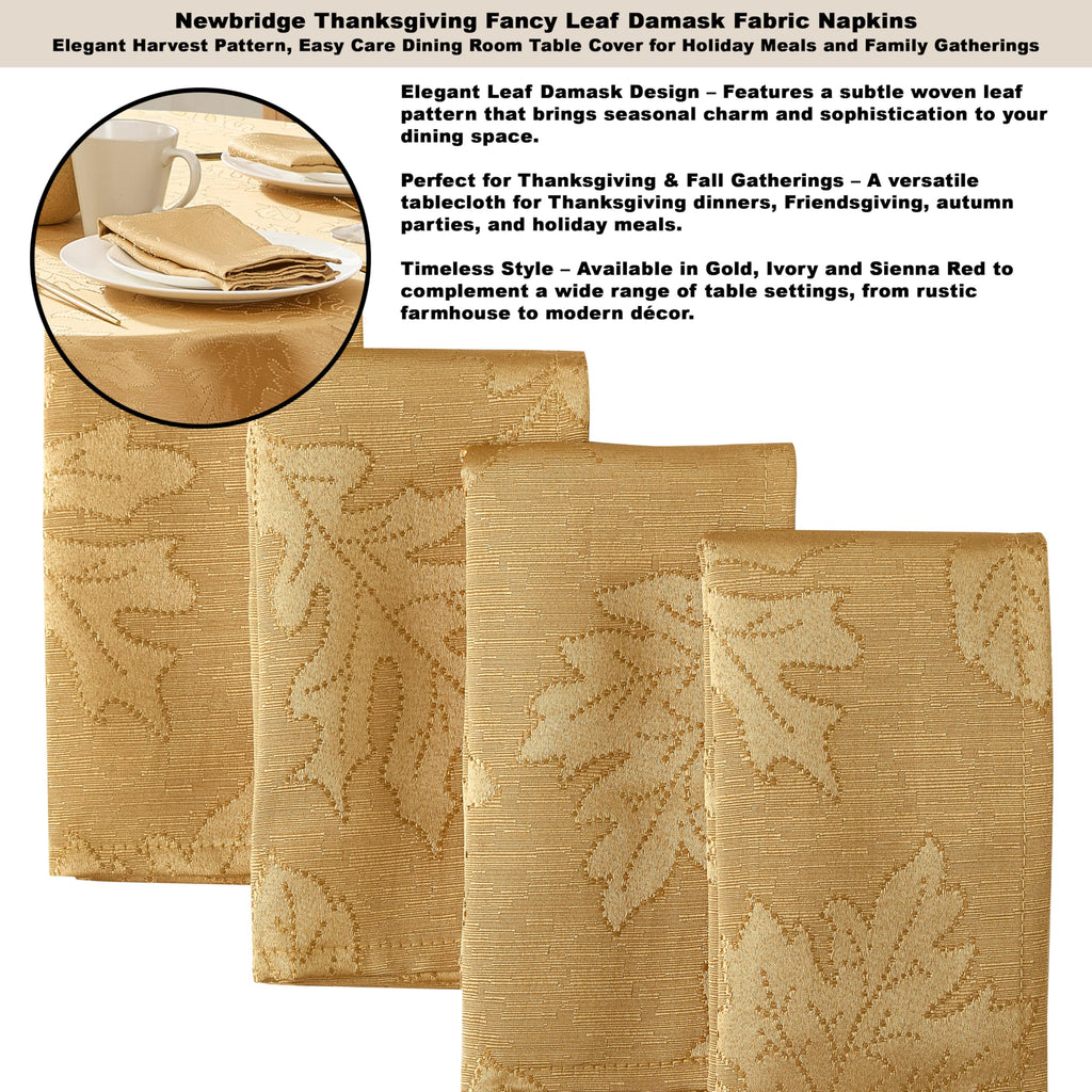 Newbridge Gold Fancy Leaves Damask Fabric Holiday Tablecloth, 70 Inch Round, Elegant Swirling Leaf Pattern, No Iron Soil Resistant Dining Room Party Table Cover