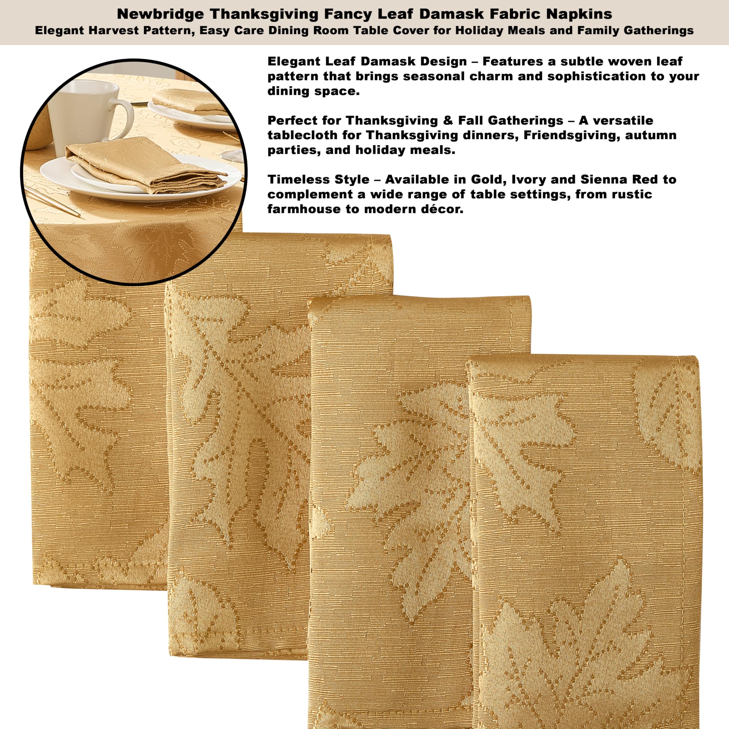 Newbridge Gold Fancy Leaves Damask Fabric Holiday Tablecloth, 70 Inch Round, Elegant Swirling Leaf Pattern, No Iron Soil Resistant Dining Room Party Table Cover